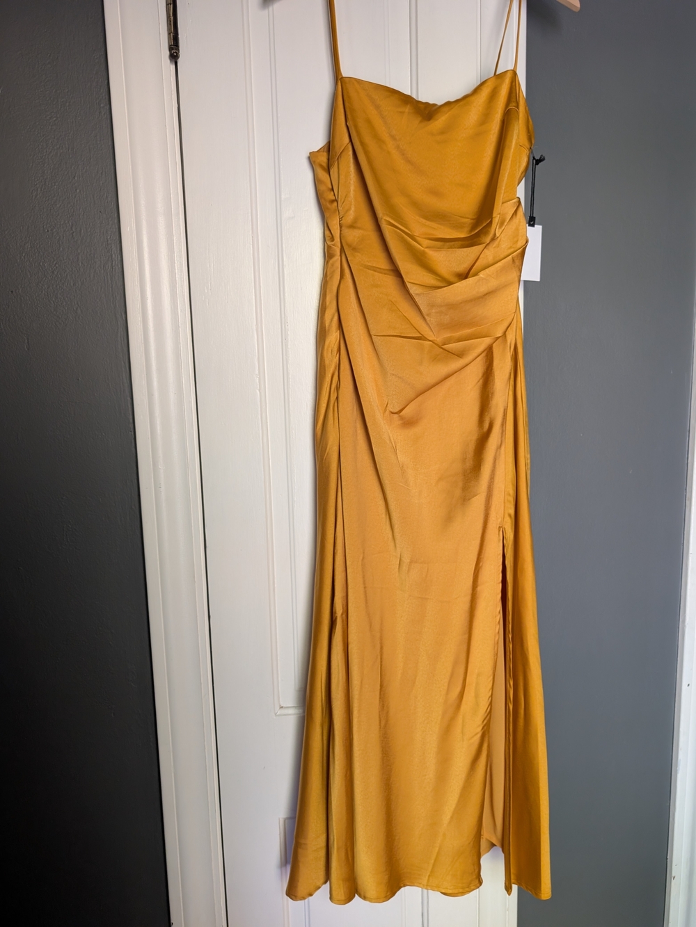 ASTR Mustard Yellow Stretch Silk Slip Dress